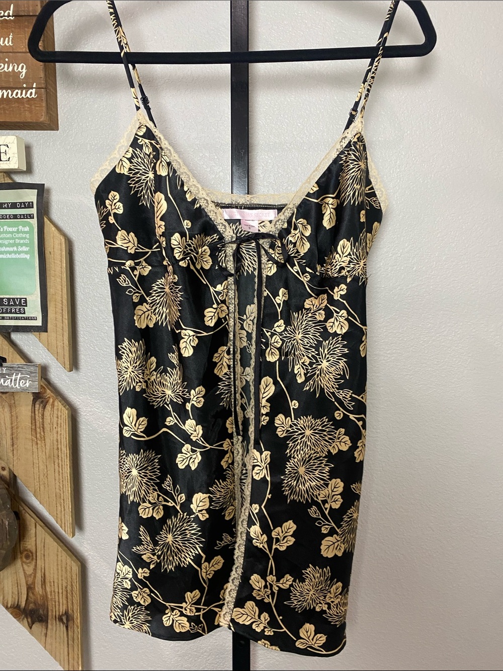 Victoria's Secret Black Satin Slip Dress with Gold Floral Print pp16 L30